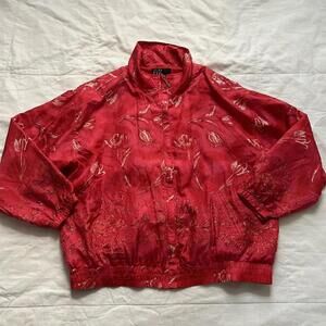Vintage red floral silk bomber jacket with rose print zip up Size large